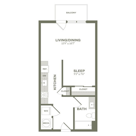 A floor plan of a small apartment with a sleeping area, kitchen, bathroom, and living/dining area.